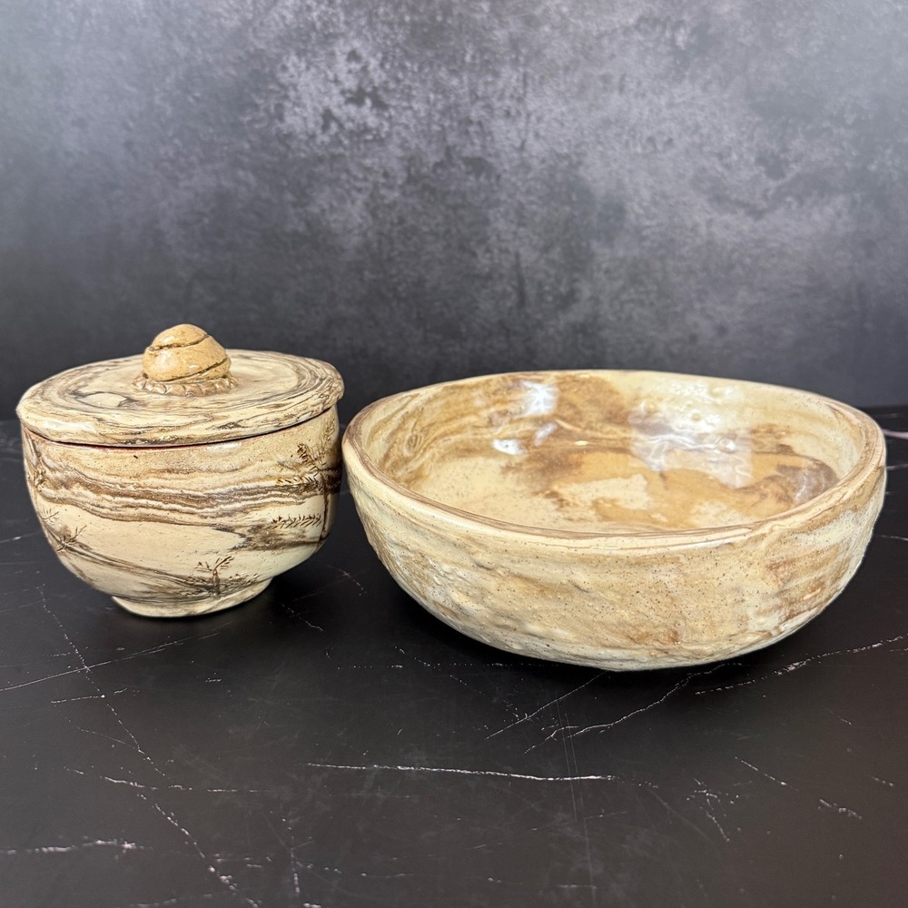 Vintage Handmade Stoneware 2 Piece Bowl Set Rustic Heavy Signed Studio Pottery